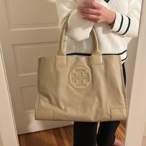 TORY BURCH Solid Tan Ella Mini Nylon Tote Bag Large Logo